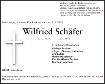 Traueranzeige von Wilfried Schäfer von Rüsselsheimer Echo, Groß-Gerauer-Echo, Ried Echo