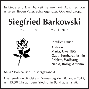 Traueranzeige von Siegfried Barkowski von Echo-Zeitungen (Gesamtausgabe)