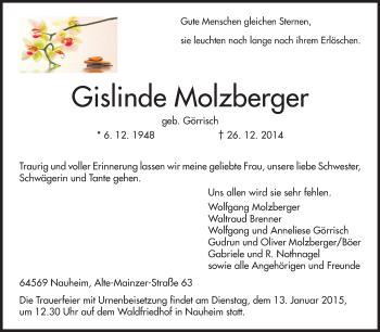 Traueranzeige von Gislinde Molzberger von Rüsselsheimer Echo, Groß-Gerauer-Echo, Ried Echo
