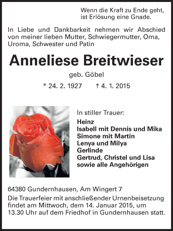 Traueranzeige von Anneliese Breitwieser von Echo-Zeitungen (Gesamtausgabe)