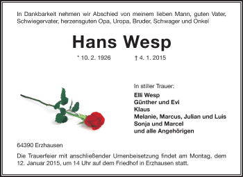 Traueranzeige von Hans Wesp von Echo-Zeitungen (Gesamtausgabe)
