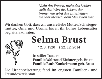 Traueranzeige von Selma Brust von Odenwälder Echo