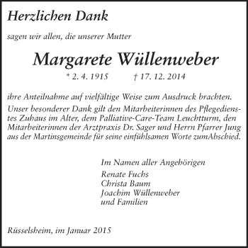Traueranzeige von Margarete Wüllenweber von Rüsselsheimer Echo, Groß-Gerauer-Echo, Ried Echo