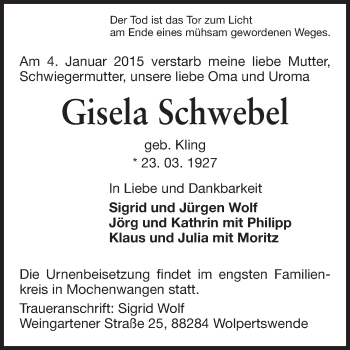 Traueranzeige von Gisela Schwebel von Echo-Zeitungen (Gesamtausgabe)