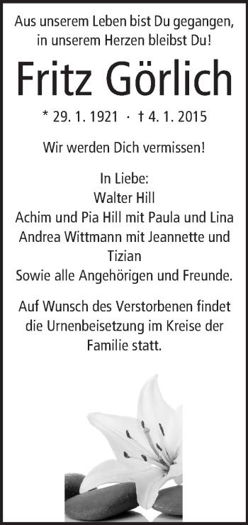 Traueranzeige von Fritz Görlich von Rüsselsheimer Echo, Groß-Gerauer-Echo, Ried Echo