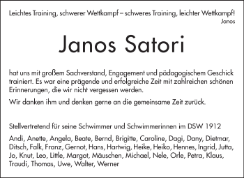 Traueranzeige von Janos Satori von Echo-Zeitungen (Gesamtausgabe)