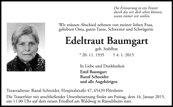Traueranzeige von Edeltraut Baumgart von Rüsselsheimer Echo, Groß-Gerauer-Echo, Ried Echo