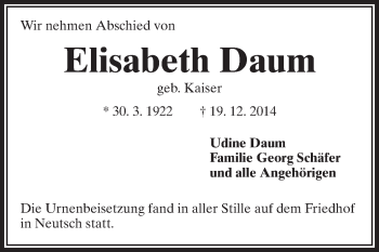 Traueranzeige von Elisabeth Daum von Echo-Zeitungen (Gesamtausgabe)