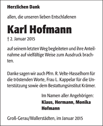 Traueranzeige von Karl Hofmann von Rüsselsheimer Echo, Groß-Gerauer-Echo, Ried Echo