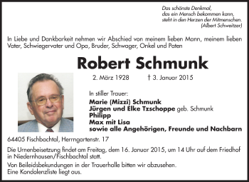 Traueranzeige von Robert Schmunk von Echo-Zeitungen (Gesamtausgabe)