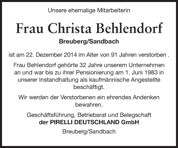 Traueranzeige von Christa Behlendorf von Odenwälder Echo