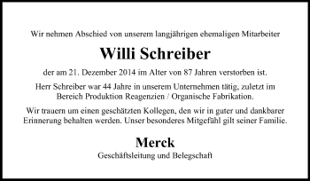 Traueranzeige von Willi Schreiber von Echo-Zeitungen (Gesamtausgabe)