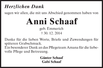 Traueranzeige von Anni Schaaf von Echo-Zeitungen (Gesamtausgabe)
