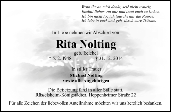 Traueranzeige von Rita Nolting von Rüsselsheimer Echo, Groß-Gerauer-Echo, Ried Echo