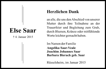 Traueranzeige von Else Saar von Rüsselsheimer Echo, Groß-Gerauer-Echo, Ried Echo