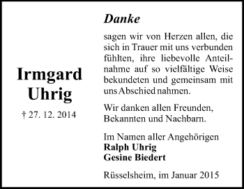 Traueranzeige von Irmgard Uhrig von Rüsselsheimer Echo, Groß-Gerauer-Echo, Ried Echo