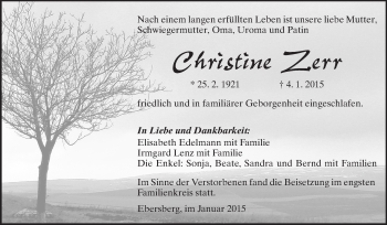 Traueranzeige von Christine Zerr von Odenwälder Echo