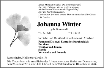 Traueranzeige von Johanna Winter von Rüsselsheimer Echo, Groß-Gerauer-Echo, Ried Echo
