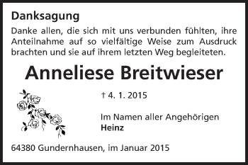 Traueranzeige von Anneliese Breitwieser von Echo-Zeitungen (Gesamtausgabe)