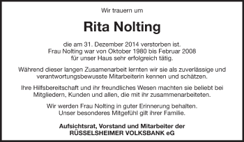 Traueranzeige von Rita Nolting von Rüsselsheimer Echo, Groß-Gerauer-Echo, Ried Echo