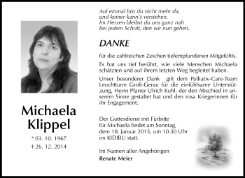 Traueranzeige von Michaela Klippel von Rüsselsheimer Echo, Groß-Gerauer-Echo, Ried Echo