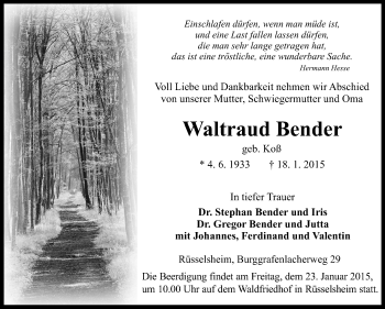 Traueranzeige von Waltraud Bender von Rüsselsheimer Echo, Groß-Gerauer-Echo, Ried Echo