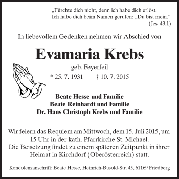 Traueranzeige von Evamaria Krebs von Echo-Zeitungen (Gesamtausgabe)