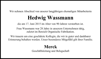 Traueranzeige von Hedwig Wassmann von Echo-Zeitungen (Gesamtausgabe)