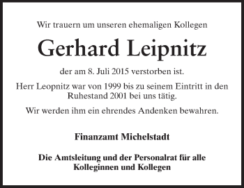 Traueranzeige von Gerhard Leipnitz von Odenwälder Echo