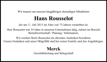 Traueranzeige von Hans Rousselot von Echo-Zeitungen (Gesamtausgabe)