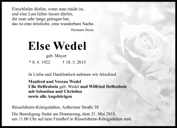Traueranzeige von Else Wedel von Rüsselsheimer Echo, Groß-Gerauer-Echo, Ried Echo