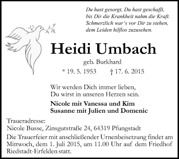 Traueranzeige von Heidi Umbach von Rüsselsheimer Echo, Groß-Gerauer-Echo, Ried Echo