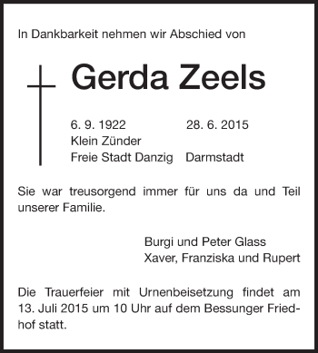 Traueranzeige von Gerda Zeels von Echo-Zeitungen (Gesamtausgabe)