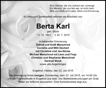 Traueranzeige von Berta Karl von VRM Trauer