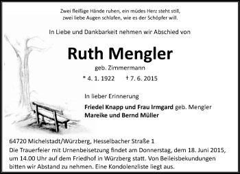 Traueranzeige von Ruth Mengler von Odenwälder Echo