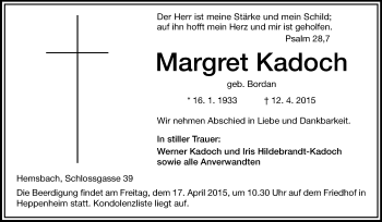 Traueranzeige von Margret Kadoch von Starkenburger Echo