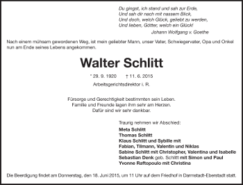 Traueranzeige von Walter Schlitt von Echo-Zeitungen (Gesamtausgabe)