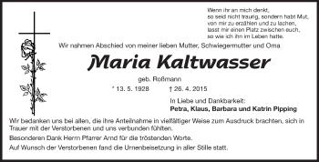 Traueranzeige von Maria Kaltwasser von Echo-Zeitungen (Gesamtausgabe)