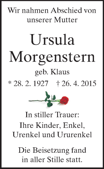 Traueranzeige von Ursula Morgenstern von Echo-Zeitungen (Gesamtausgabe)