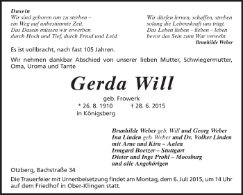 Traueranzeige von Gerda Will von Echo-Zeitungen (Gesamtausgabe)