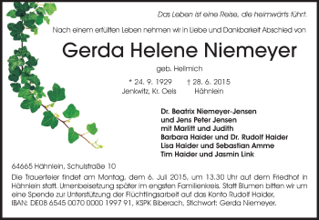 Traueranzeige von Gerda Helene Niemeyer von Echo-Zeitungen (Gesamtausgabe)