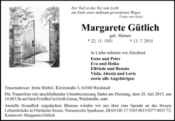 Traueranzeige von Margarete Gütlich von Rüsselsheimer Echo, Groß-Gerauer-Echo, Ried Echo