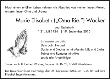 Traueranzeige von Marie Elisabeth Wacker von trauer.echo-online.de