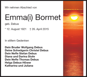 Traueranzeige von Emma Bormet von Rüsselsheimer Echo, Groß-Gerauer-Echo, Ried Echo
