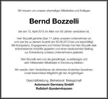 Traueranzeige von Bernd Bozzelli von Darmstädter Echo, Odenwälder Echo, Rüsselsheimer Echo, Groß-Gerauer-Echo, Ried Echo