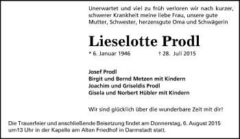 Traueranzeige von Lieselotte Prodl von trauer.echo-online.de