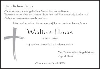 Traueranzeige von Walter Haas von Rüsselsheimer Echo, Groß-Gerauer-Echo, Ried Echo
