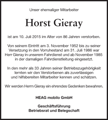 Traueranzeige von Horst Gieray von Echo-Zeitungen (Gesamtausgabe)