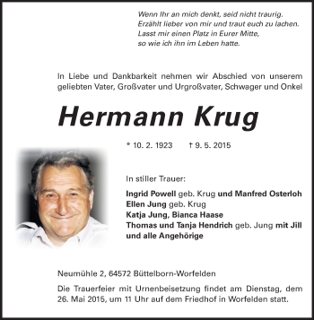 Traueranzeige von Hermann Krug von Echo-Zeitungen (Gesamtausgabe)