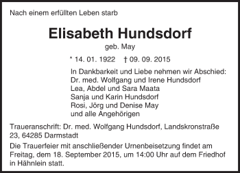 Traueranzeige von Elisabeth Hundsdorf von trauer.echo-online.de